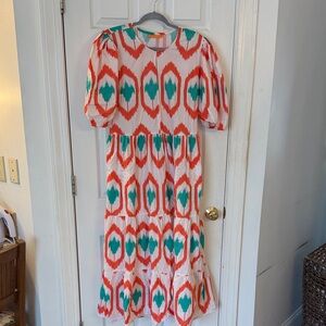 Oliphant Ikat Print Tiered Midi Dress - Coral & Teal